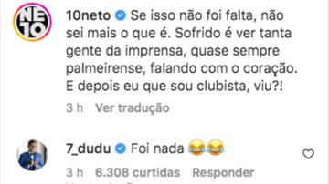 Netro reclama de gol do Palmeiras, e Dudu ironiza - Reprodução Instagram