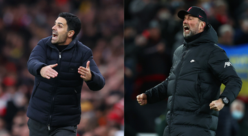 Mikel Arteta (técnico do Arsenal) e Jurgen Klopp (técnico do Liverpool) - Getty Images