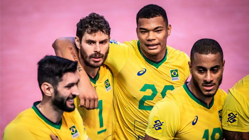 Jogadores do Brasil durante a disputa da Liga das Nações - FIVB/Fotos Públicas