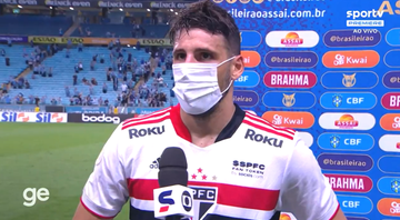 Calleri, jogador do São Paulo durante entrevista após a partida contra o Grêmio pelo Brasileirão - Transmissão SporTV