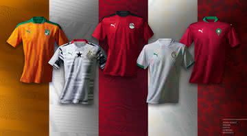 Puma lança camisas de Costa do Marfim, Gana, Egito, Senegal e Marrocos(da esq. para a dir.) - Divulgação / Puma