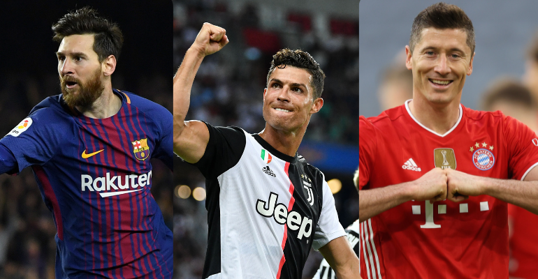 Cristiano Ronaldo, Messi e Lewandowski são os três maiores artilheiros da competição - Getty Images