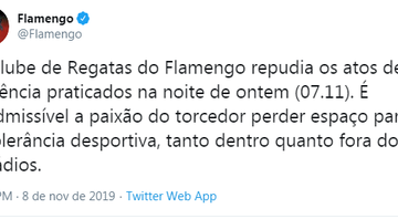 Flamengo se pronuncia sobre atos de violência no clássico contra o Botafogo - Twitter