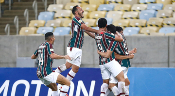 Jogadores do Fluminense comemorando o gol diante do São Paulo no Brasileirão - Transmissão Premiere