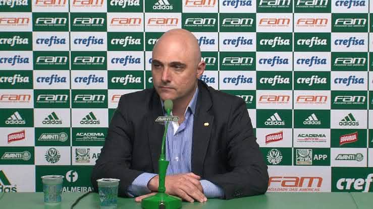 Maurício Galiotte, presidente do Palmeiras durante entrevista coletiva - Transmissão TV Palmeiras