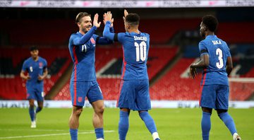 Harry Maguire, Jadon Sancho e Dominic Calvert-Lewin foram os autores dos gols da Inglaterra - Getty Images