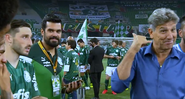 Renato Gaúcho fazendo gesto de ligação para Luis Adriano, do Palmeiras - Transmissão Premiere