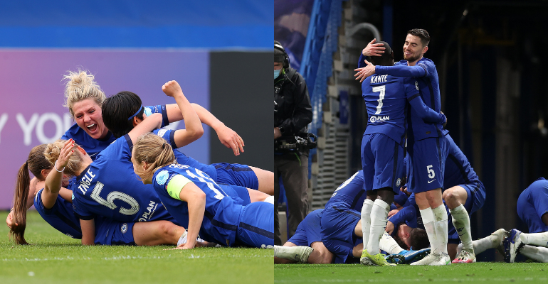 Jogadores dos times feminino e masculino do Chelsea comemorando vagas nas finais da Champions League - Getty Images