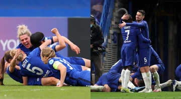 Jogadores dos times feminino e masculino do Chelsea comemorando vagas nas finais da Champions League - Getty Images