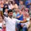 Torneio de Wimbledon com Djokovic comemorando a vitória