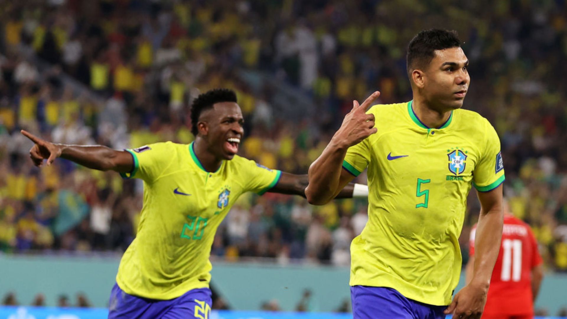 Brasil comemorando gol na Copa do Mundo