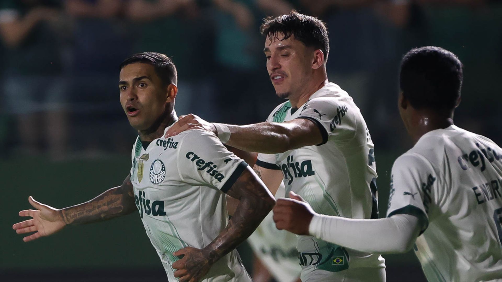 Dudu comemorando seu primeiro gol no ano, contra o Goiás (Crédito: Cesar Greco / Palmeiras)