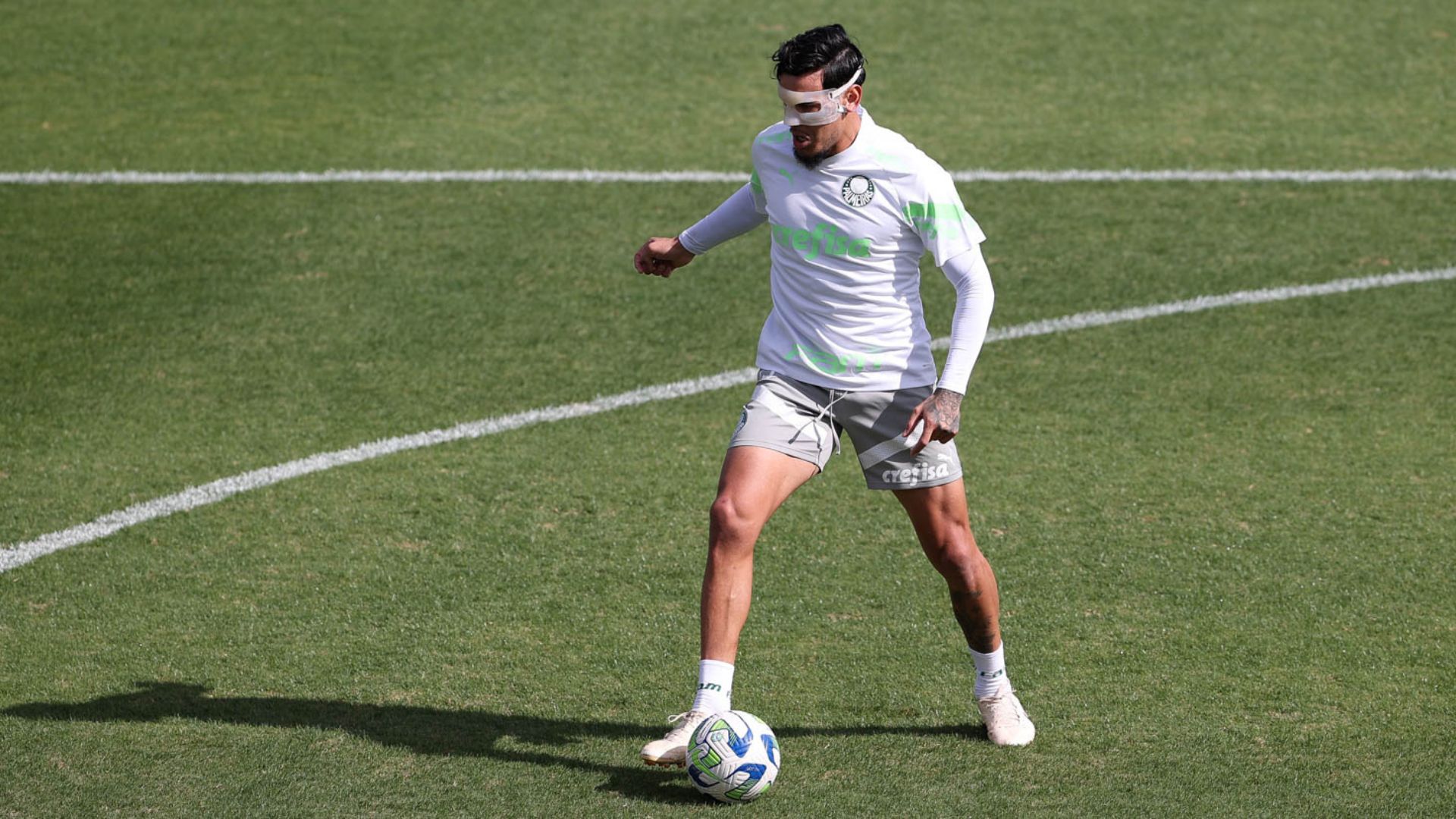 Gustavo Gómez durante o último treino do Palmeiras, nesta quinta-feira, 20 (Crédito: Cesar Greco / Palmeiras)