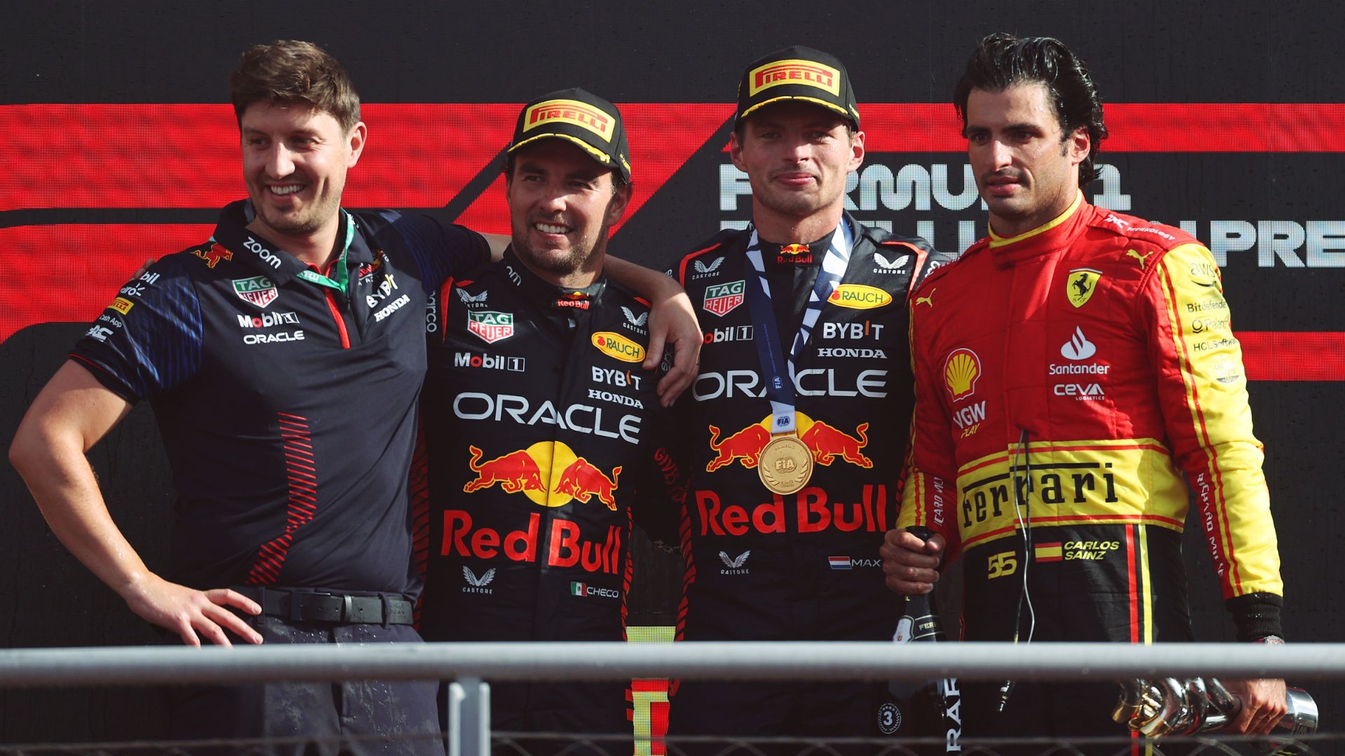 Pódio do GP da Itália, com Verstappen, Pérez e Sainz (Crédito: Getty Images)