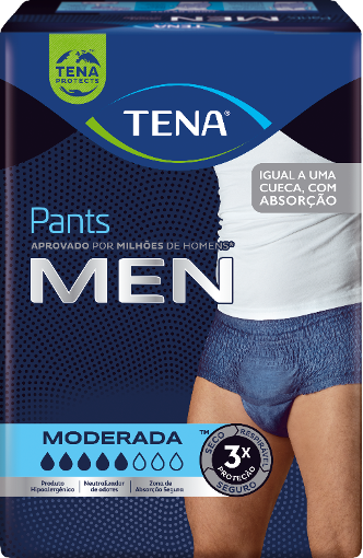 Com alto poder de absorção e design anatômico e discreto, a TENA Men Pants substitui a cueca e é indicada para a incontinência moderada. Imagem: Divulgação