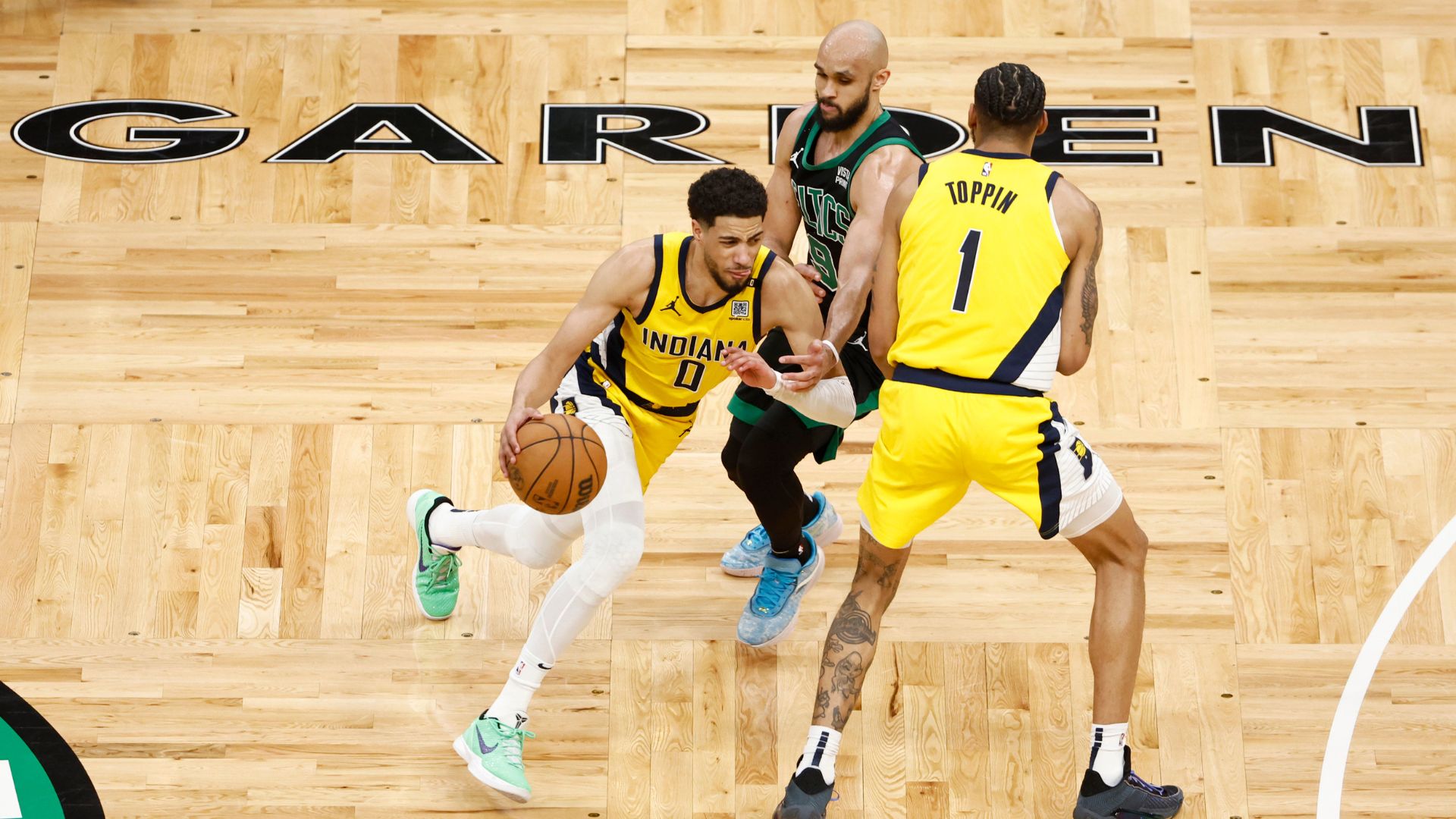 Tyrese Haliburton em ação contra o Boston Celtics (Crédito: Getty Images)