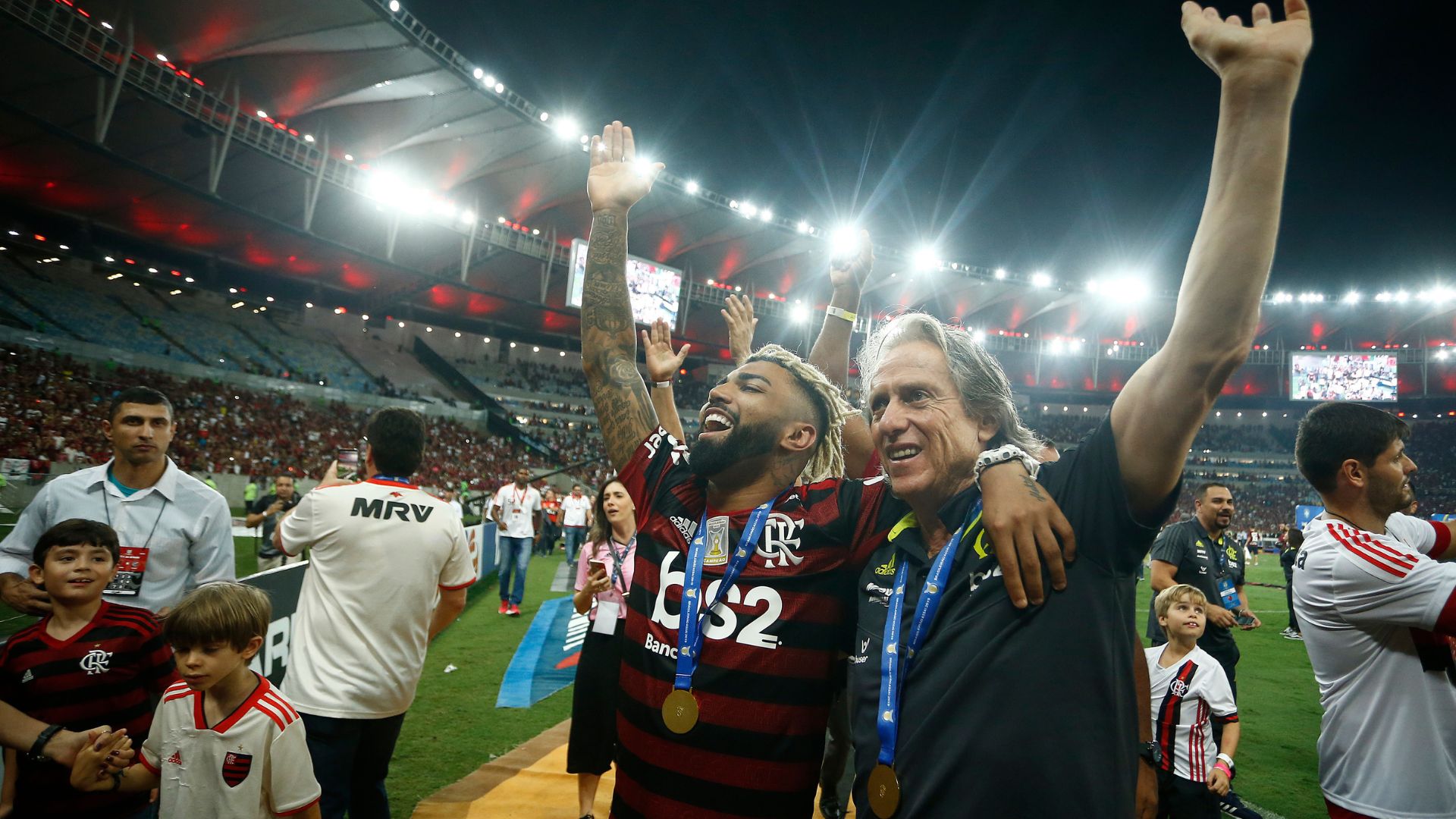 Gabigol, do Flamengo, e Jorge Jesus, em 2019