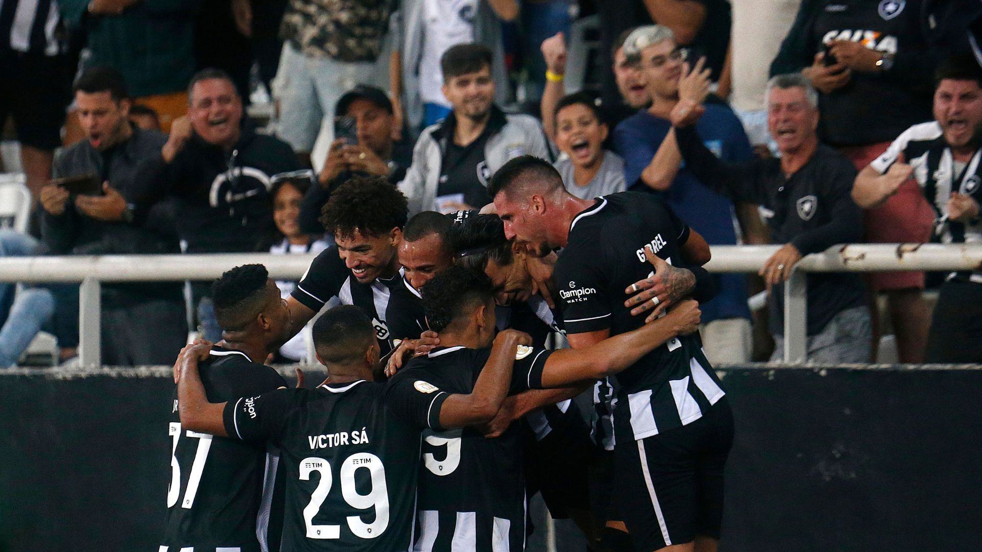 Equipe do Botafogo comemorando o gol de Cuesta, que abriu o placar