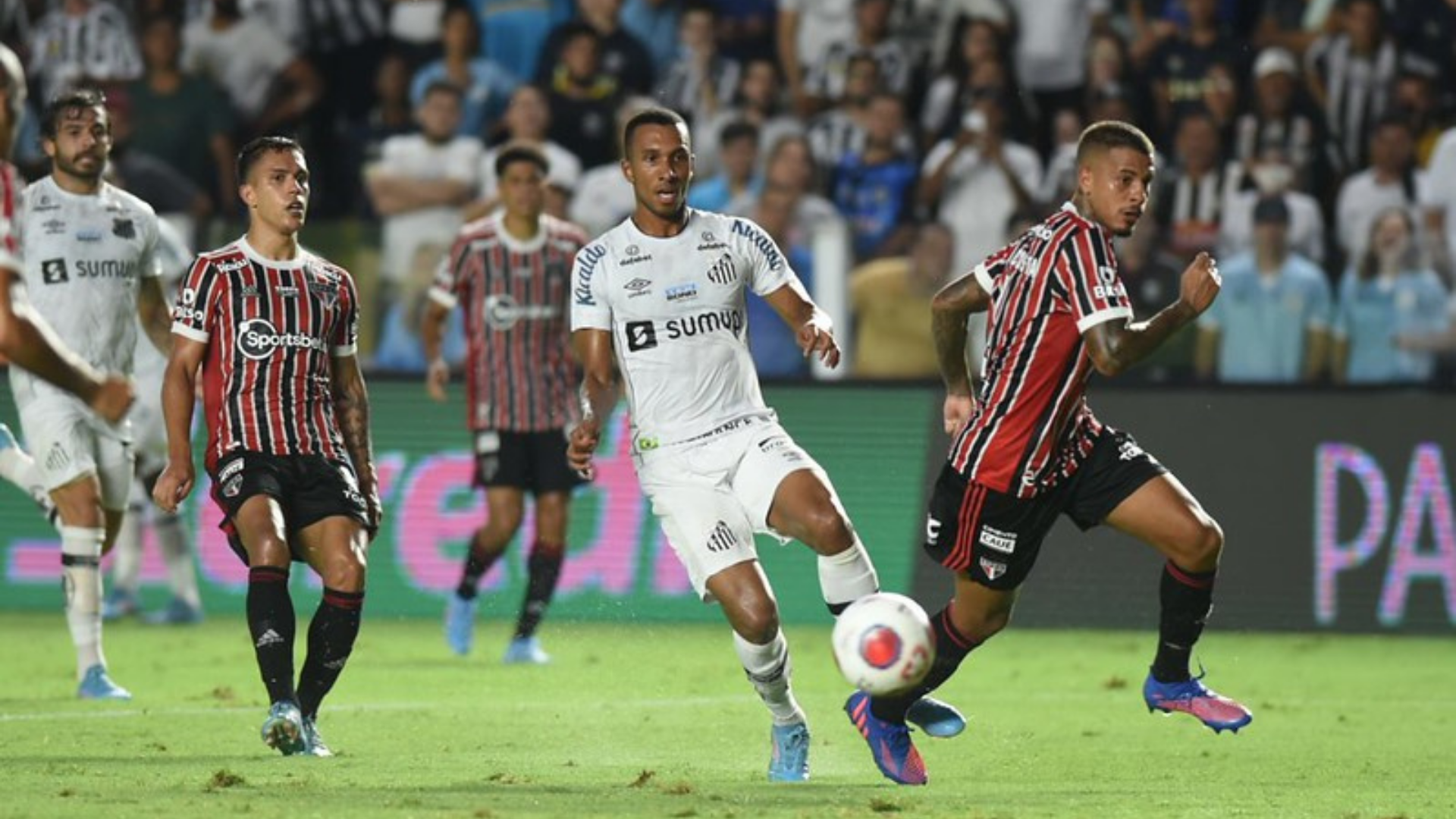 Jogadores de Santos e São Paulo na partida revisada pela FPF