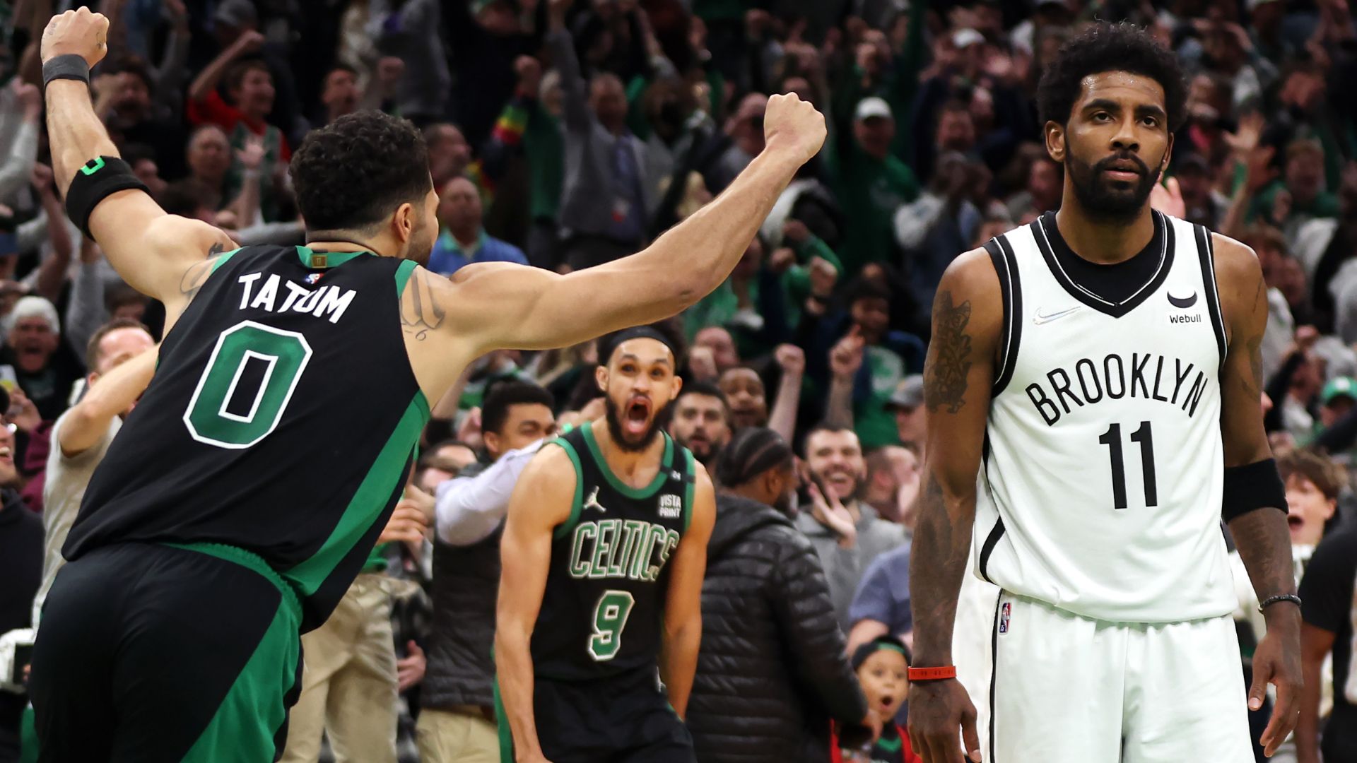 Jayson Tatum e Kyrie Irving no confronto Celtics x Nets, da NBA