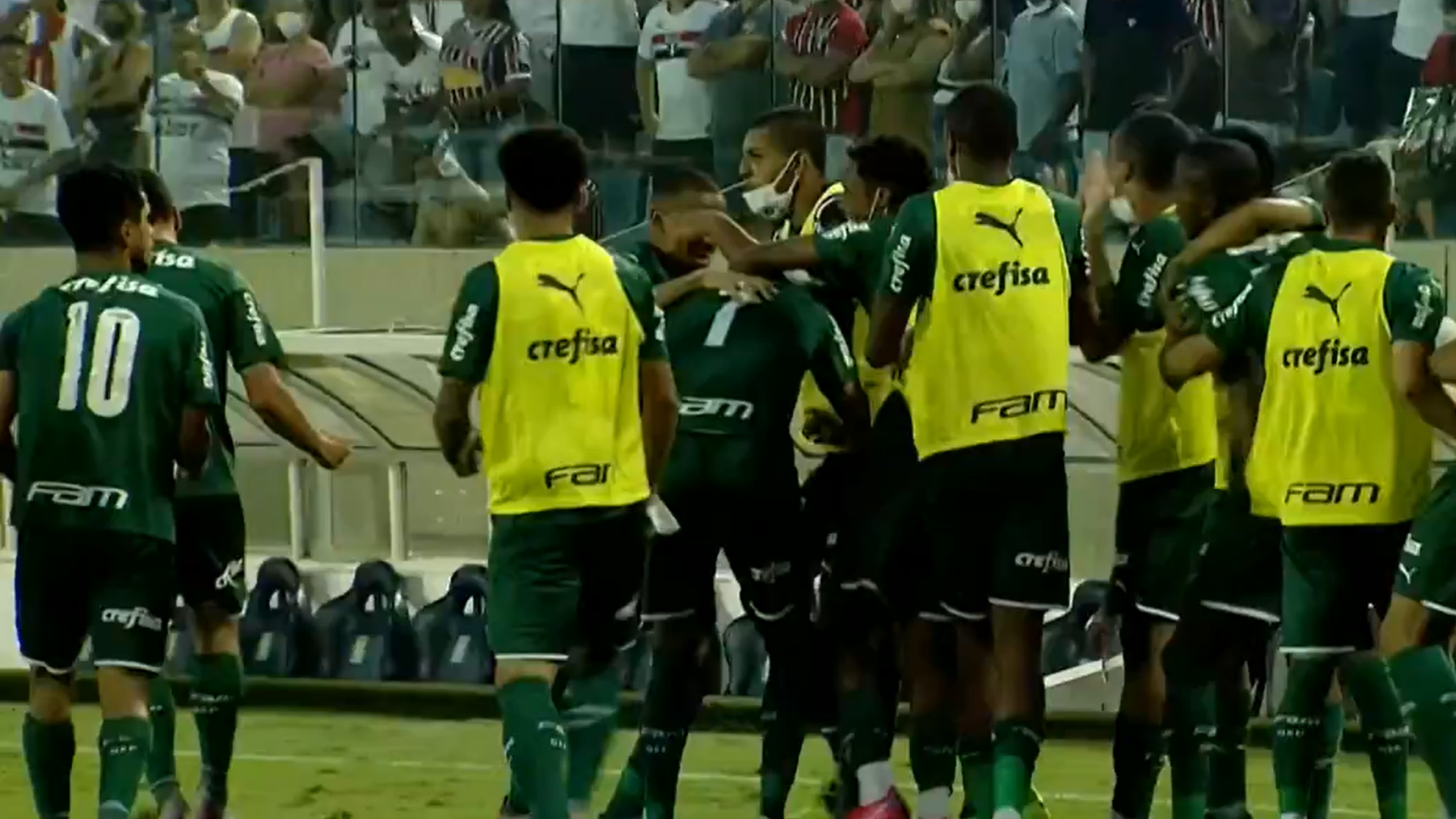 Jogadores do Palmeiras vibram com gol marcado