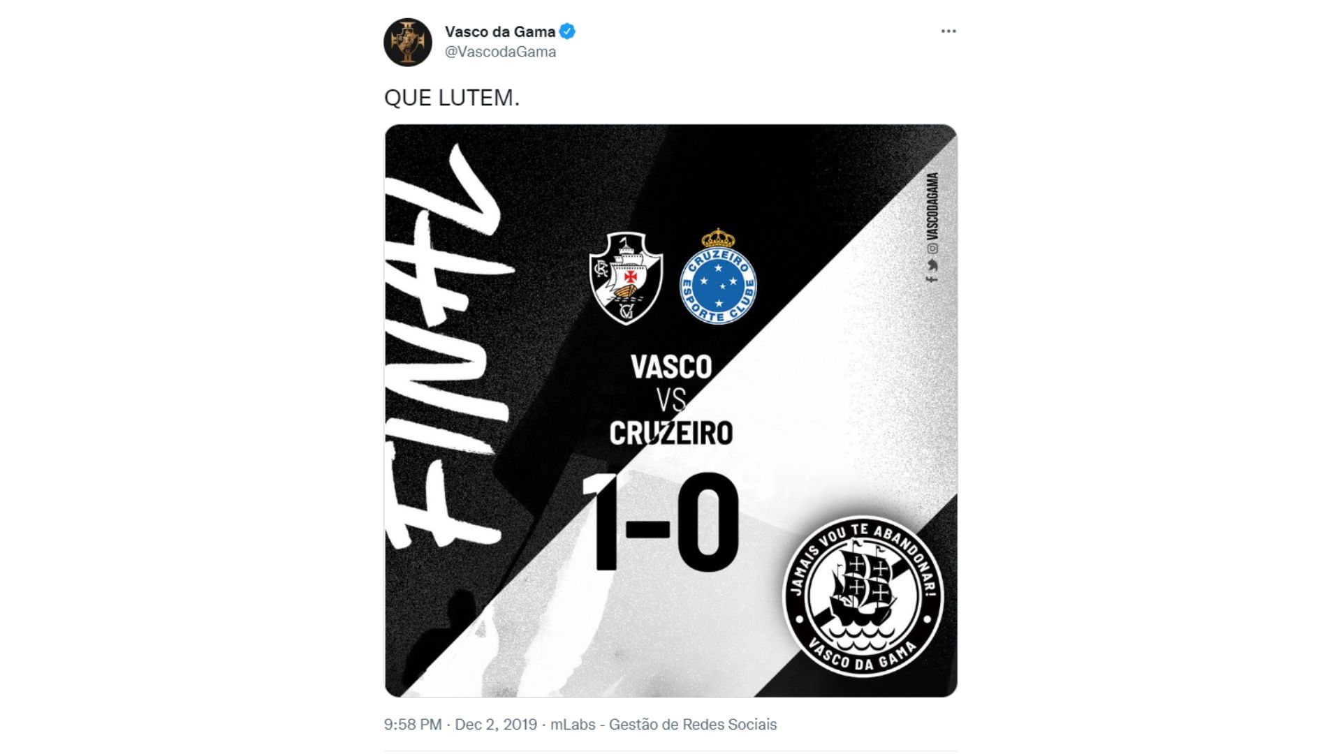 Vasco provocou Cruzeiro em 2019